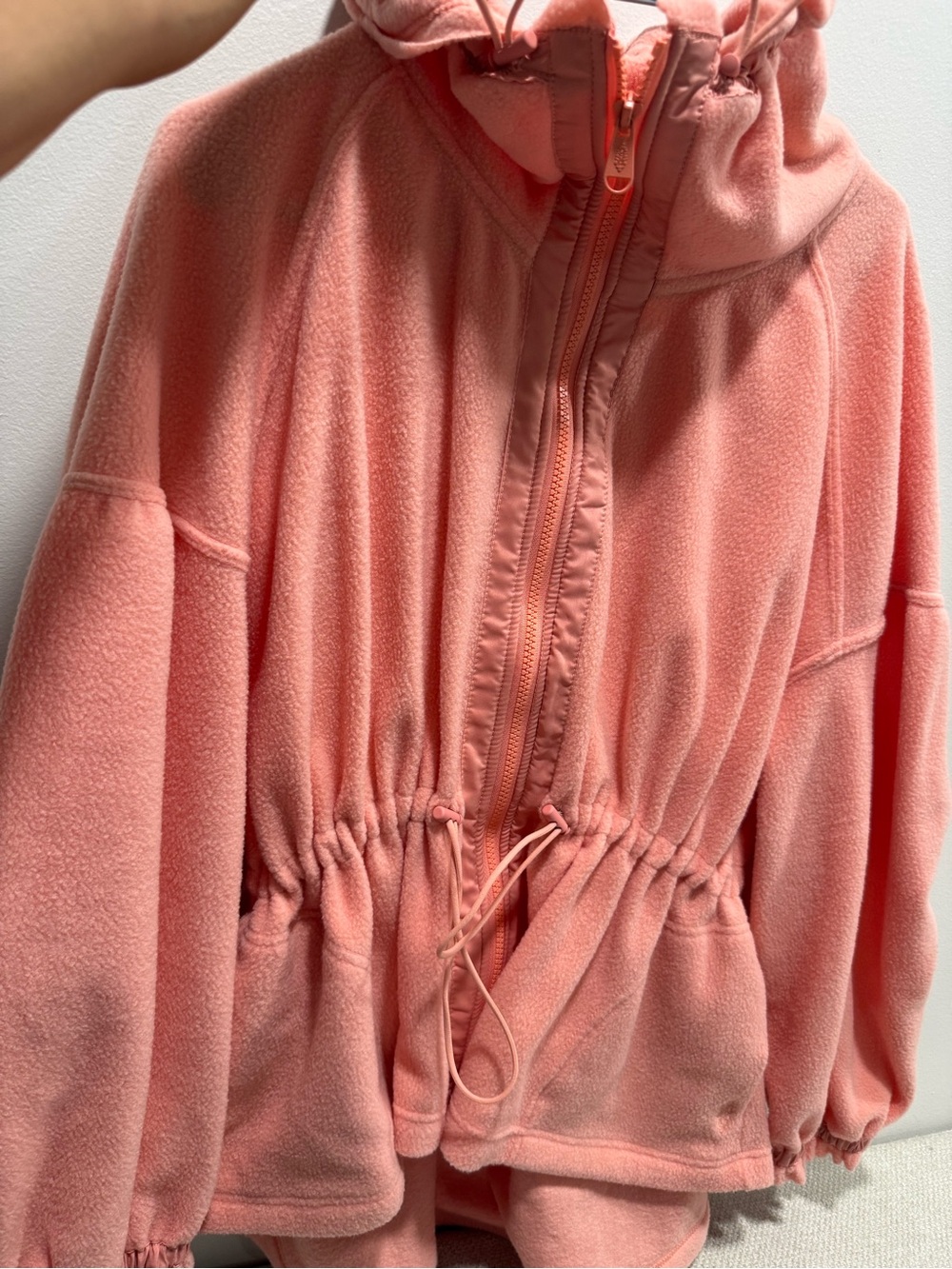Free People Women's Coral Pink Fleece Jacket with Drawstring Waist
